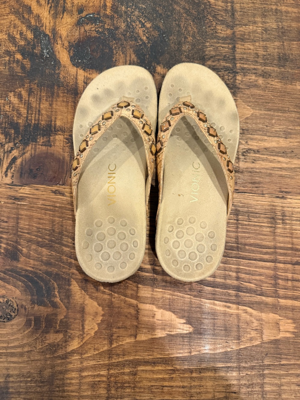 Vionic Tan Embellished Thong Sandals with Beaded Straps